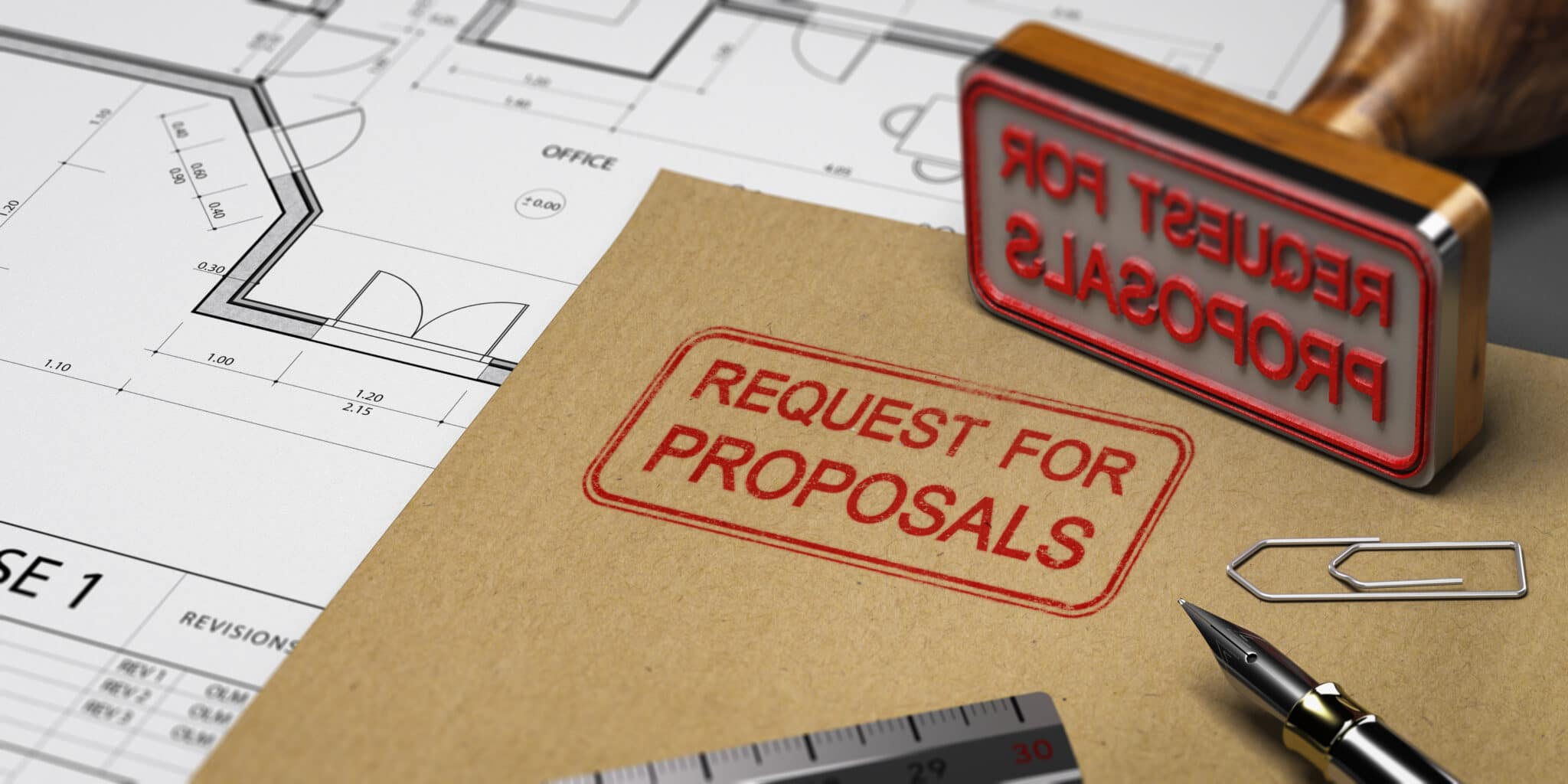 Request for proposals printed on a kraft envelop, with office supplies and rubber stamp, RFP concept. 3D illustration