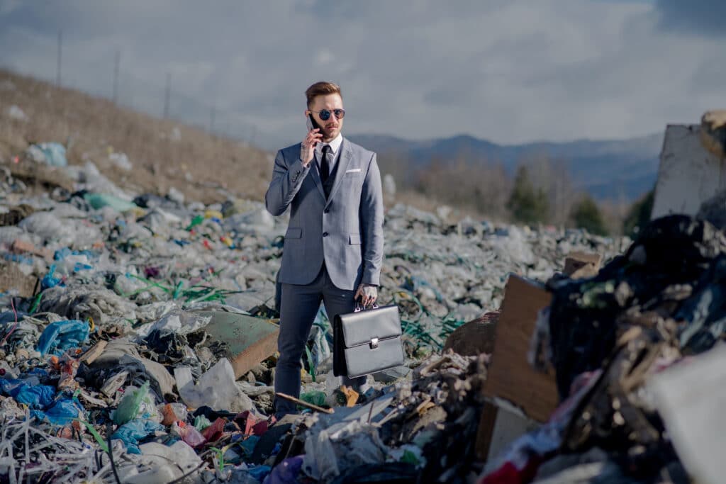 Fashionable modern businessman with smartphone on landfill, consumerism versus pollution concept.