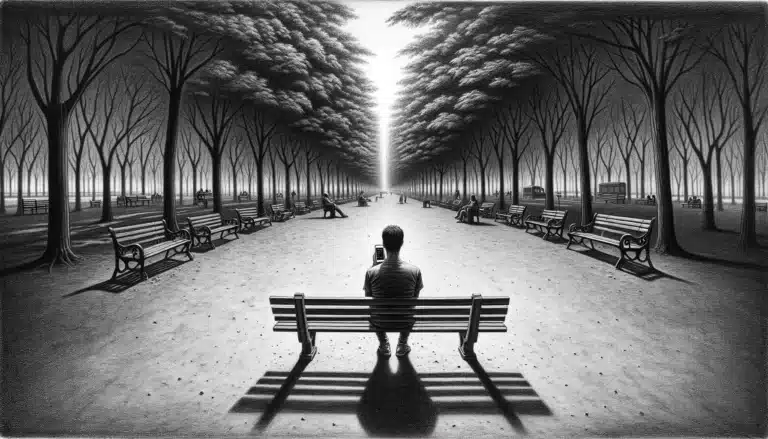 A black and white painting of a person sitting on a bench, scrolling back on social media.
