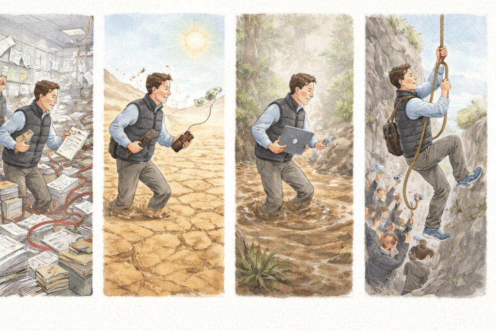 A man in business attire faces four challenges: wading through cluttered paperwork, trudging through a dry desert, slogging through muddy water, and climbing a steep rock wall—symbolizing the business hunt for new opportunities.