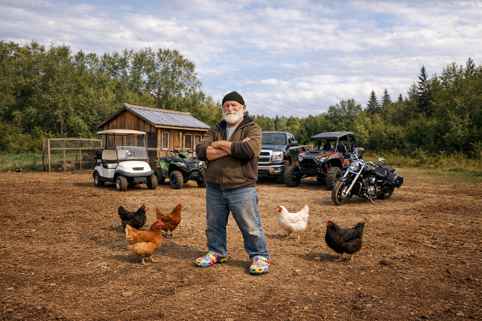 A bearded man in a beanie and colorful clogs stands with arms crossed on a dirt lot, surrounded by chickens and fresh eggs. Behind him are a wooden shed, golf carts, an SUV, an ATV, and a motorcycle, with trees in the background. Eat more eggs!.