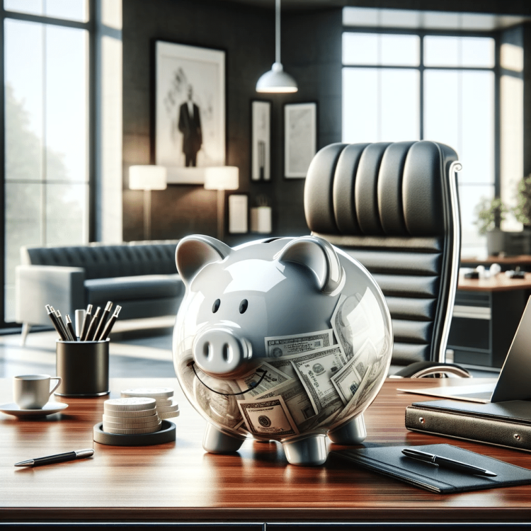 A piggy bank sitting on a desk in an office.