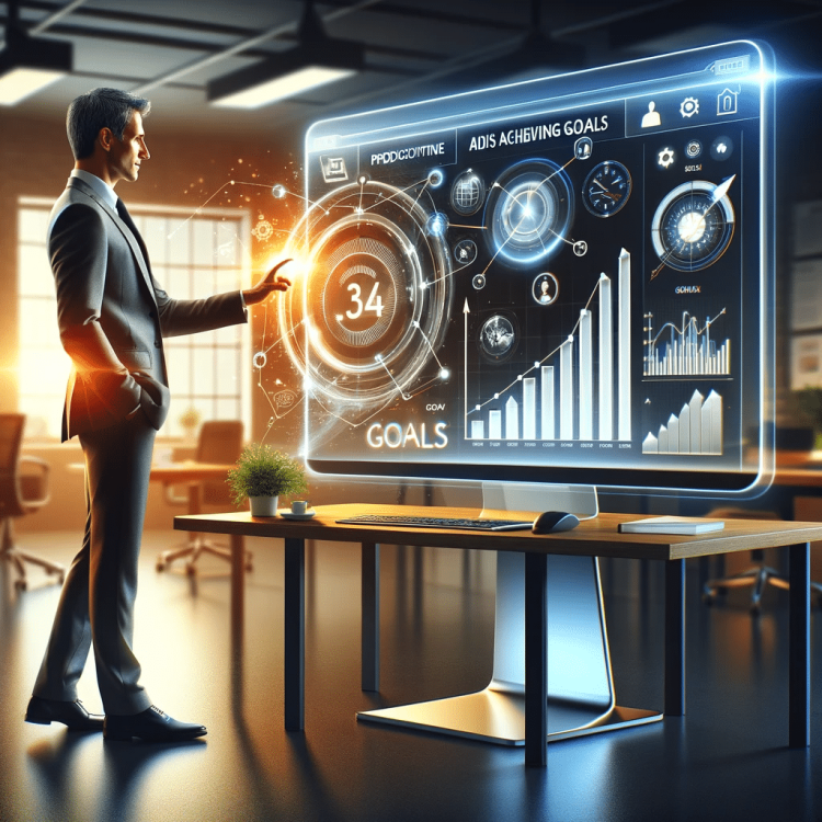 A businessman is pointing at a computer screen with business goals on it at his home office.